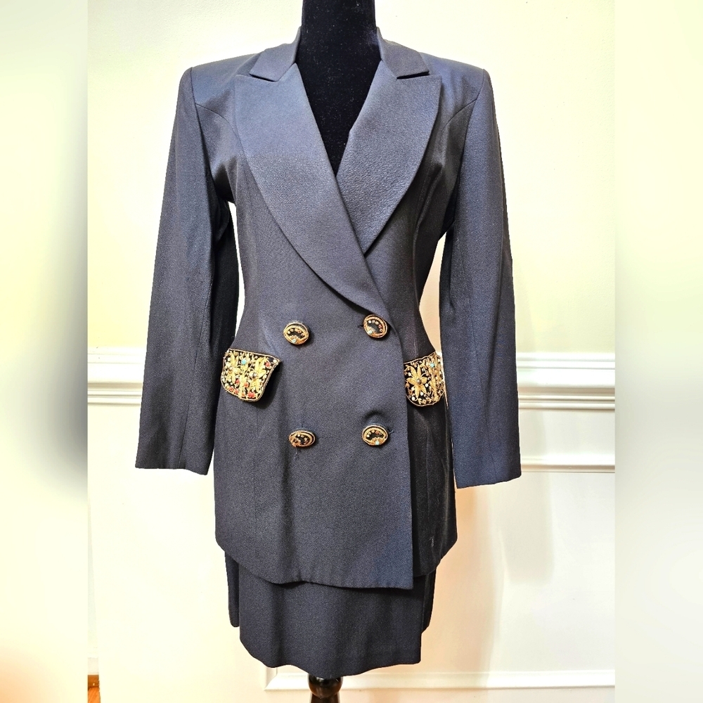 Cache Vintage Women's Skirt Suit Black with Embellished Pockets & Buttons Size 6